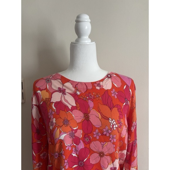 Talbots Womens Petite Large Pullover Top Floral Pink Orange Cotton Preppy Casual - Picture 2 of 6